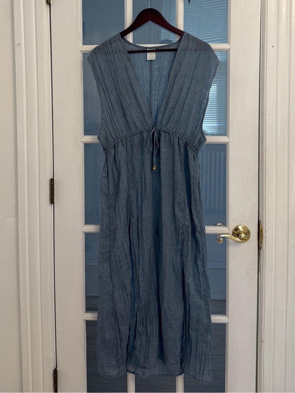 KONA SOL Women’s Blue Gauzey Fabric Sleeveless V-Neck Tie Waist Coverup Dress